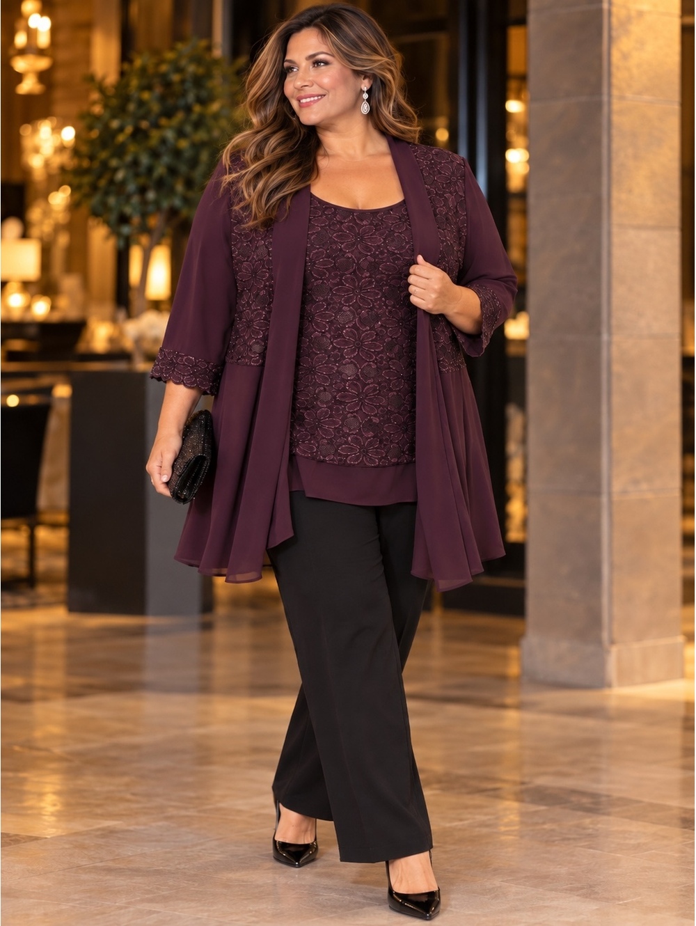 R&M Richards Women's Plus Size 14W Plum Lace and Chiffon Jacket Set